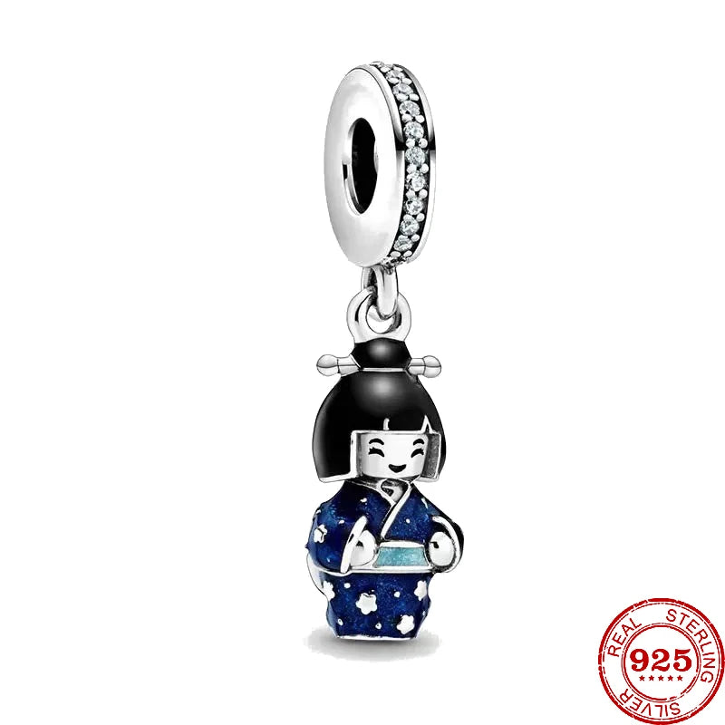 925 Sterling Silver Japanese Doll in Kimono Charm Beads for Women Jewelry