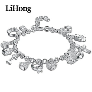 925 Silver Bracelet Moon Heart Lock Cross Charm Par