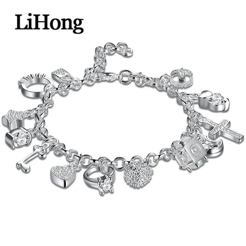925 Silver Bracelet Moon Heart Lock Cross Charm Par