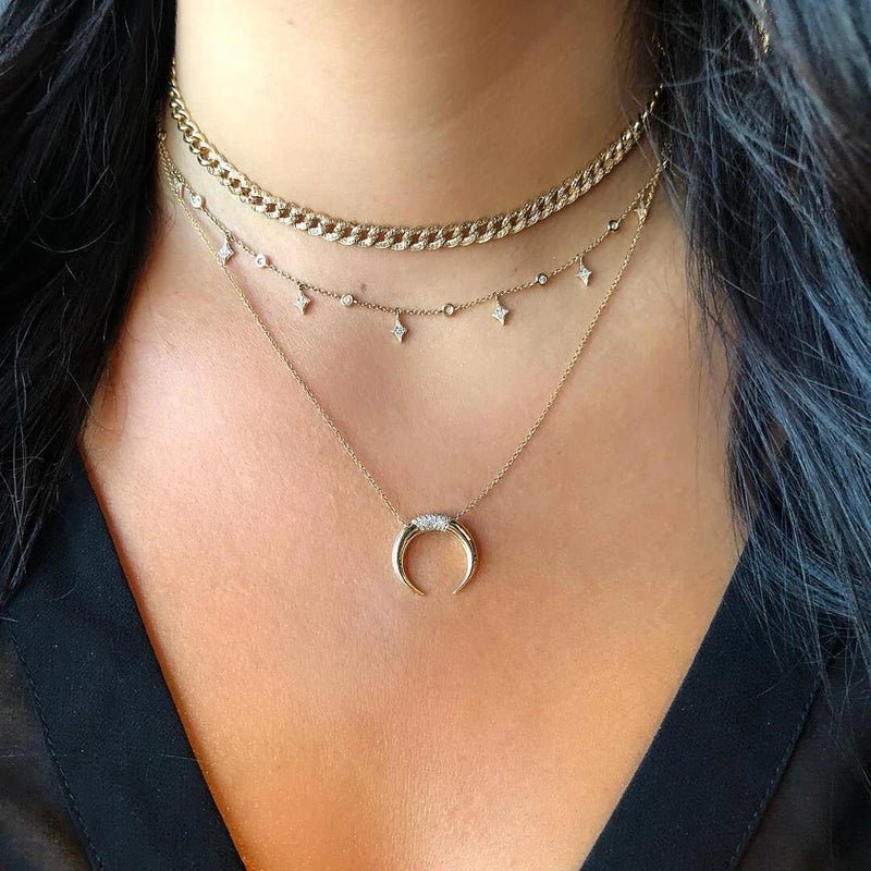 925 Silver Moon Charm Cz Horn Pendant Necklace