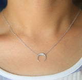 925 Silver Moon Charm Cz Horn Pendant Necklace