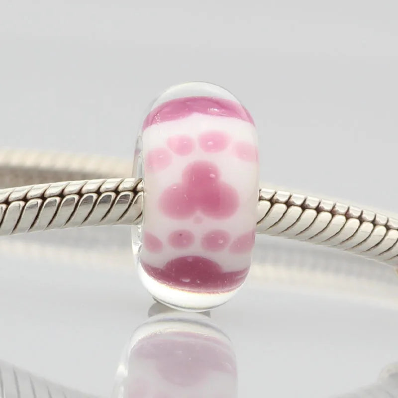 925 Silver Large Hole 3D Flowers Pet Prints Glass Charm Beads