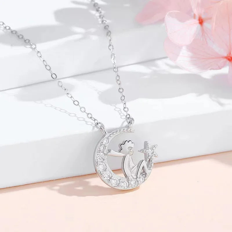 925 Silver Little Prince Moon Pendant Necklace Women Choker