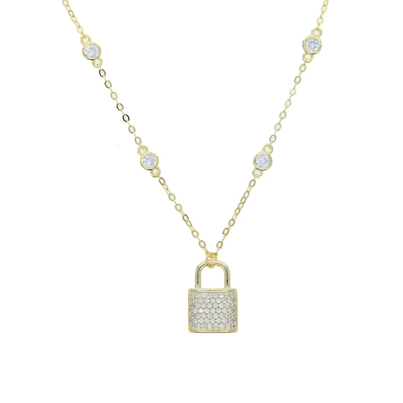 925 Silver Lock Pendant Necklace CZ Round Charm Choker Rock Punk Jewelry