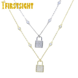 925 Silver Lock Pendant Necklace CZ Round Charm Choker Rock Punk Jewelry