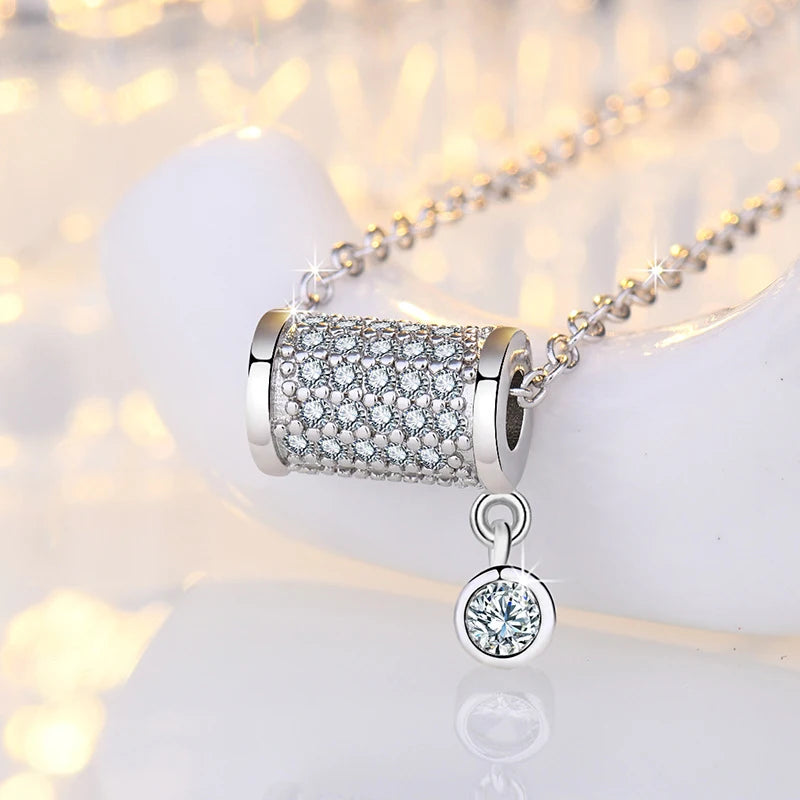 925 Silver Lucky Cylinder Rhinestone Pendant Necklace Rose Women Jewelry