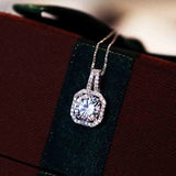 925 Silver Square Diamond Zircon Pendant Necklace Women