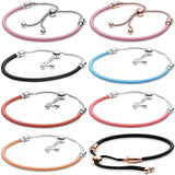 925 Silver Pink Leather Bracelet with Sliding Clasp for Charm DIY
