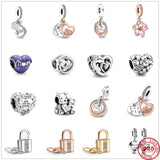 925 Silver Mom Heart Lock Pendant DIY Fine Beads Charms Bracelet Gift