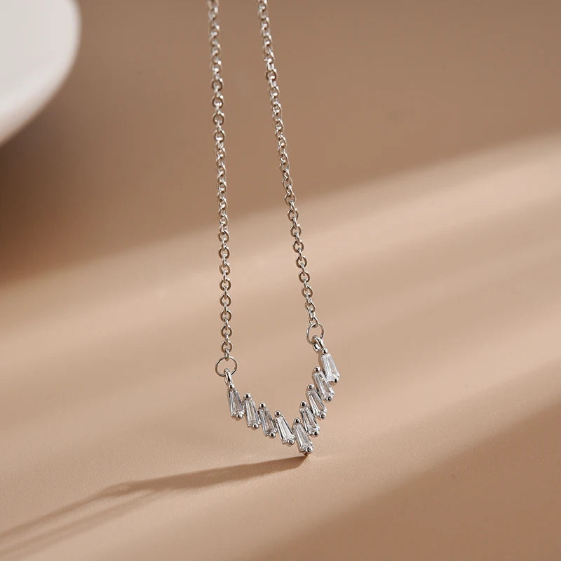 925 Silver CZ Choker Necklace with Zircon V Shape Pendants