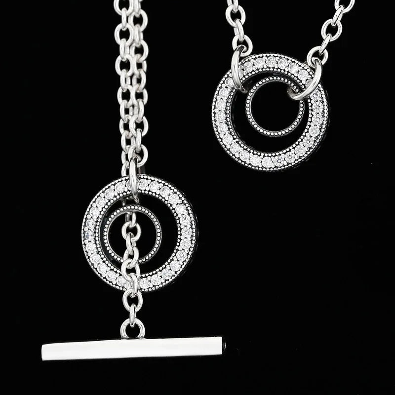 925 Silver Pave Circle T-bar Heart Crystal Necklace Bead Charm DIY Jewelry
