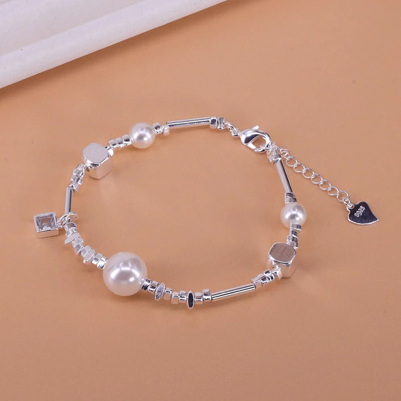 925 Silver Pearl Irregular Beads Geometric Punk Bracelet Gift
