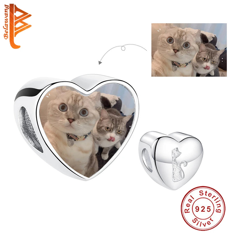 925 Silver Cat Heart Beads Photo Charm for Bracelet