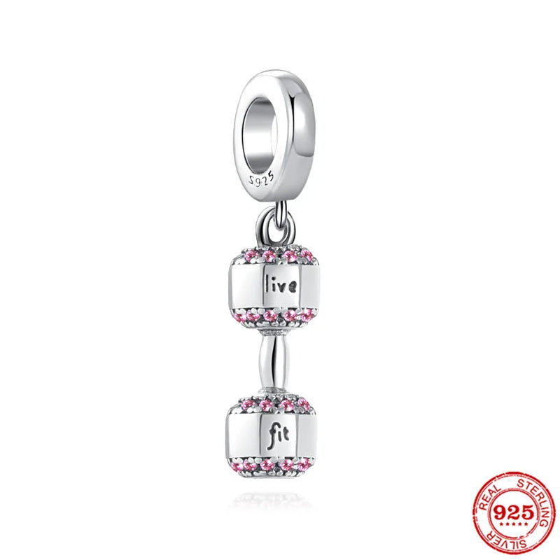 925 Silver Pink Red Dumbbell Pendant Charm Bead For Women Fit Bracelet DIY