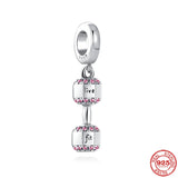 925 Silver Pink Red Dumbbell Pendant Charm Bead For Women Fit Bracelet DIY