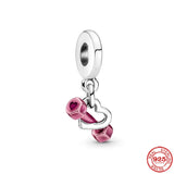 925 Silver Pink Red Dumbbell Pendant Charm Bead For Women Fit Bracelet DIY