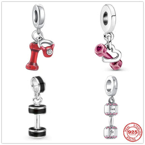 925 Silver Pink Red Dumbbell Pendant Charm Bead For Women Fit Bracelet DIY