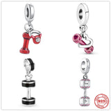 925 Silver Pink Red Dumbbell Pendant Charm Bead For Women Fit Bracelet DIY