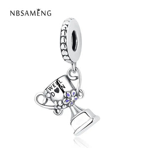 925 Silver Pink Crystal & Lilac Enamel Trophy Charm Bead for Bracelets