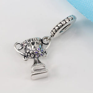 925 Silver Pink Crystal & Lilac Enamel Trophy Charm Bead for Bracelets