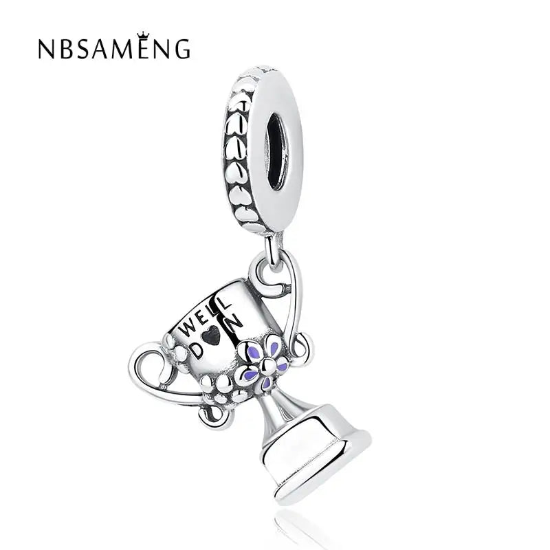 925 Silver Pink Crystal & Lilac Enamel Trophy Charm Bead for Bracelets