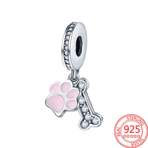 925 Sterling Silver Pink Enamel Paw Print & Dog Bone Charm