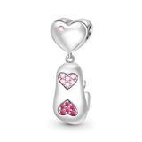 925 Silver Pink Flower Dangle Mom Heart Pendant Bead