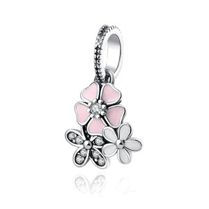 925 Silver Pink Flower Dangle Mom Heart Pendant Bead
