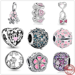 925 Silver Pink Flower Dangle Mom Heart Pendant Bead