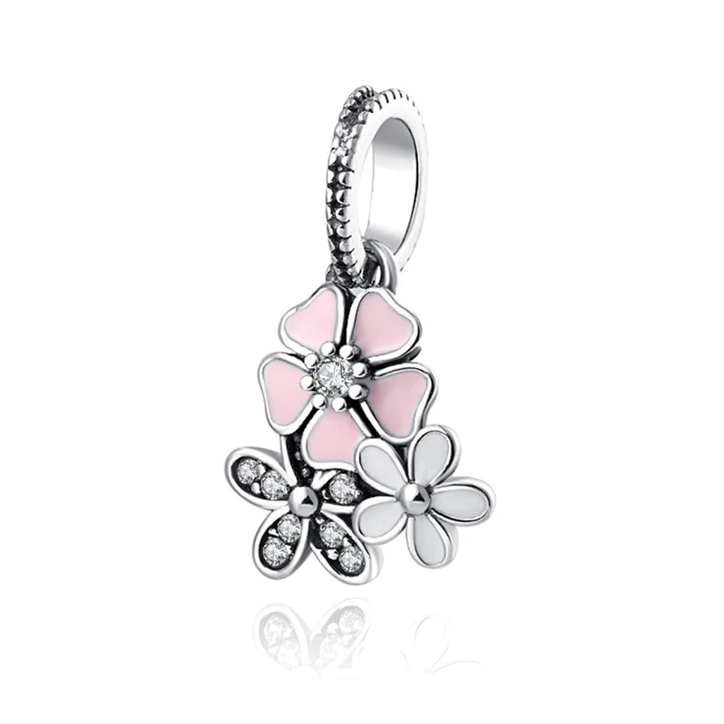 925 Silver Pink Flower Dangle Mom Heart Pendant Bead
