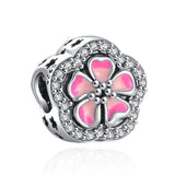 925 Silver Pink Flower Dangle Mom Heart Pendant Bead