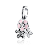 925 Silver Pink Flower Dangle Mom Heart Pendant Bead