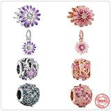 925 Silver Pink Purple Daisy Flower Charm Beads for Bracelet DIY