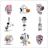 925 Silver Pink Skull Head Charm Bead Bracelet Jewelry Women Gift