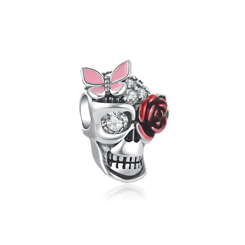 925 Silver Pink Skull Head Charm Bead Bracelet Jewelry Women Gift