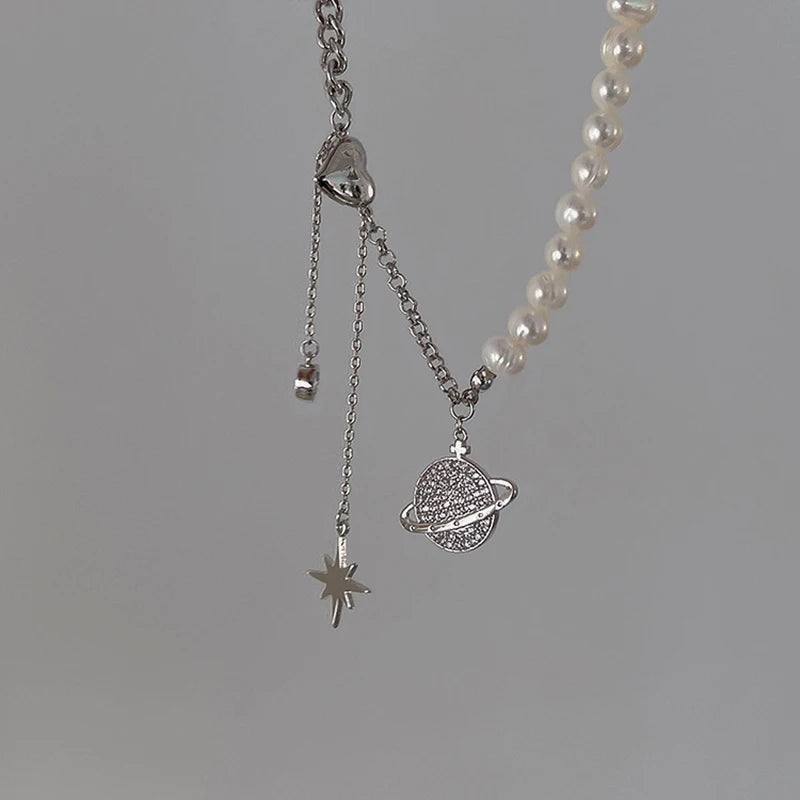 Sterling Silver Planet Necklace Pearl Choker for Women
