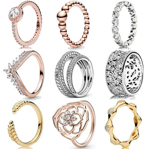 925 Silver Ring Love Heart Leaves Snake Chain Rose Openwork Band For Women