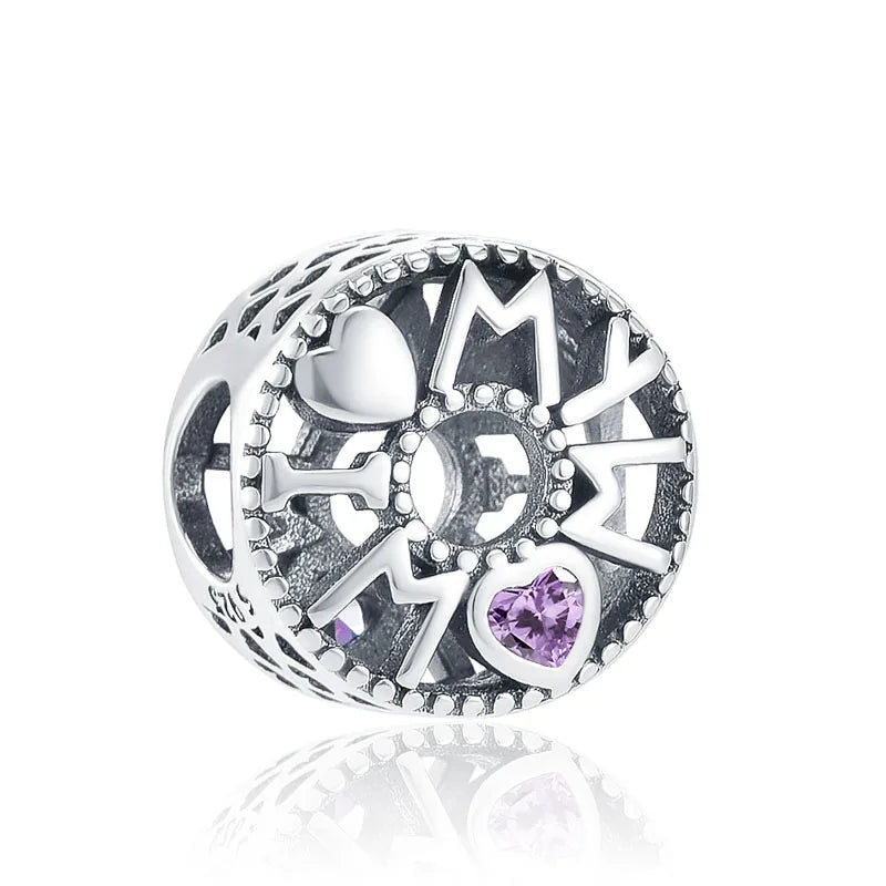 925 Silver Purple Heart Angel Dangle Charm for Bracelet DIY