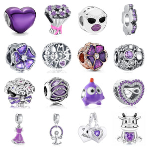 925 Silver Purple Heart Angel Dangle Charm for Bracelet DIY