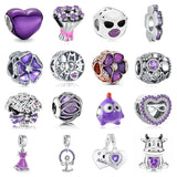 925 Silver Purple Heart Angel Dangle Charm for Bracelet DIY