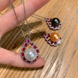 925 Silver Red Crystal Pearl Heart Necklace for Women