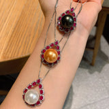 925 Silver Red Crystal Pearl Heart Necklace for Women
