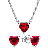 Sterling Silver Red Heart Necklace Earring Set with Crystal