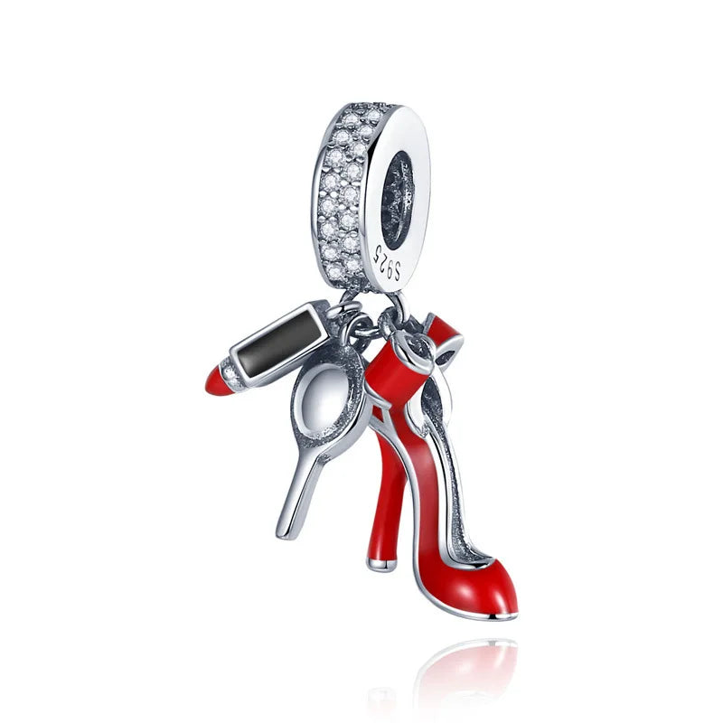 925 Silver Red High Heels Pendant Charm Bracelet DIY Jewelry
