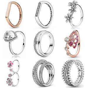 925 Silver Ring Bar Triple Beaded Pave Band Pink Fan Teardrop