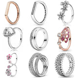 925 Silver Ring Bar Stacking Triple Beaded Pave Band Teardrop Pink Fan