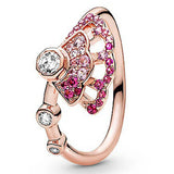 925 Silver Ring Bar Triple Beaded Pave Band Pink Fan Teardrop