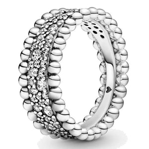 925 Silver Ring Bar Triple Beaded Pave Band Pink Fan Teardrop