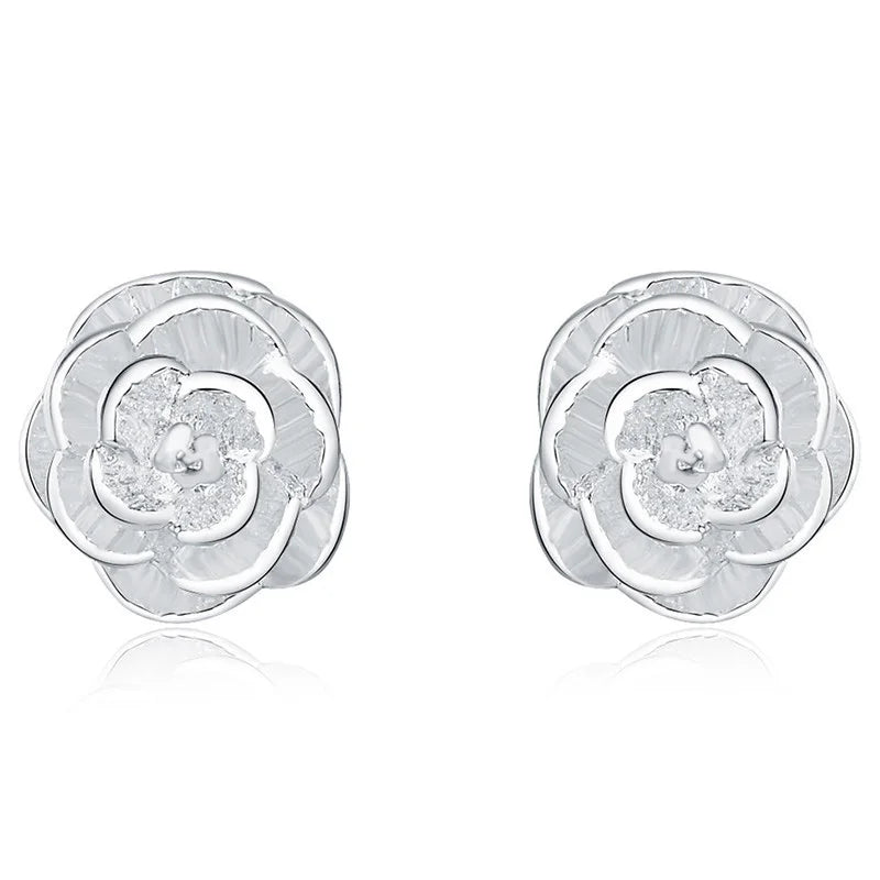 925 Silver Rose Flower Stud Earrings Wedding Jewelry