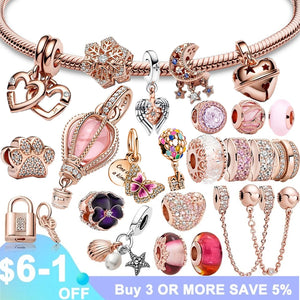 925 Silver Rose Couple Dangle Charms Bracelet Necklace